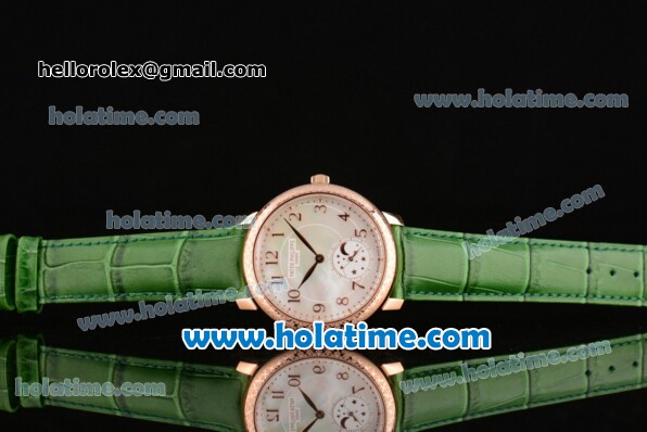 Patek Philippe Complications Miyota Quartz Rose Gold Case with White MOP Dial Green Leather Bracelet and Numeral Markers - Click Image to Close